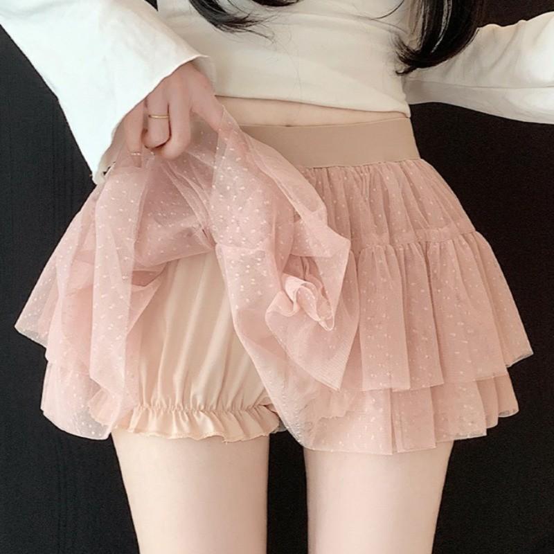 Ballet Style Sweet Fairy Tulle Mini Skirt Women 2026 Summer High Waist Polka Dot Ruffle A Line Cake Skirt for Daily Casual