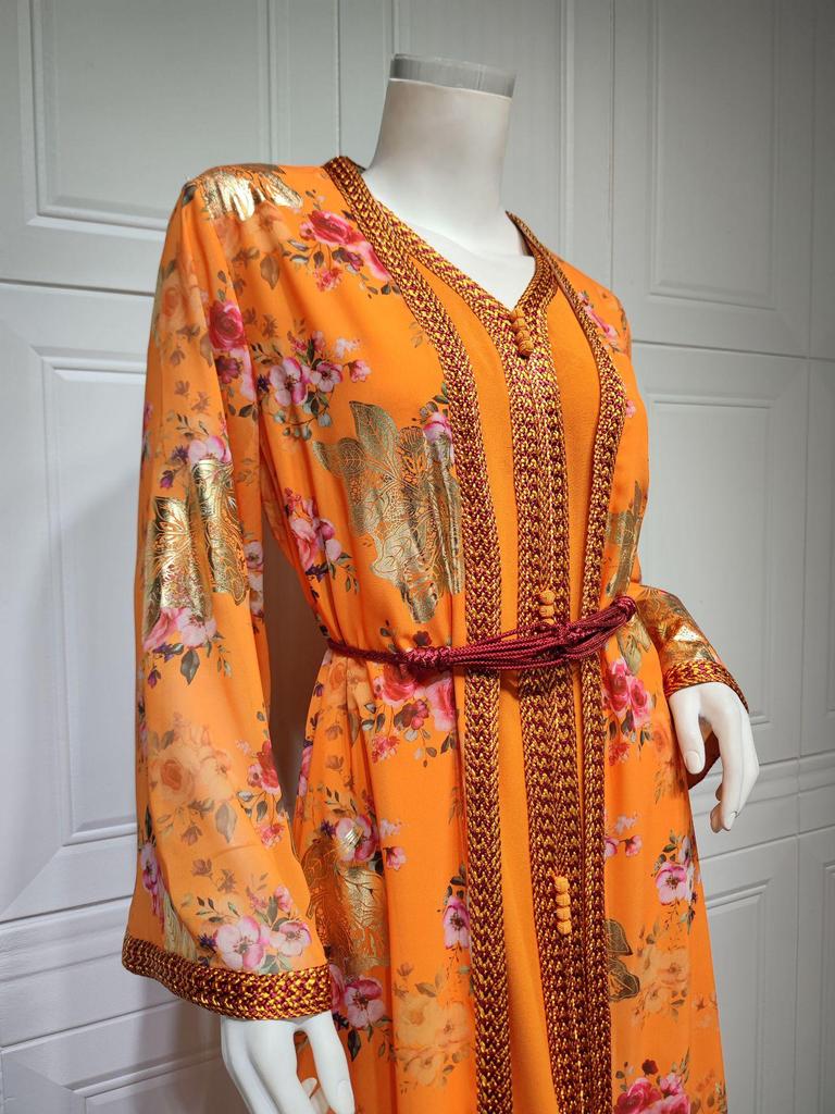 AB238 Women's Middle Eastern Two-Piece Chiffon Dress with Gold Stamping