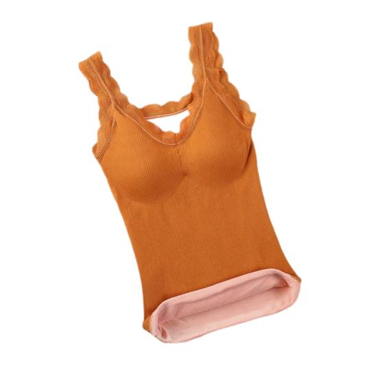 Women's Thermal Tank Top Lace Trim Sleeveless Camisole Shirts Fleece Lined V Neck Warm Base Layer Cami Underwear Tops with Built-in Bra