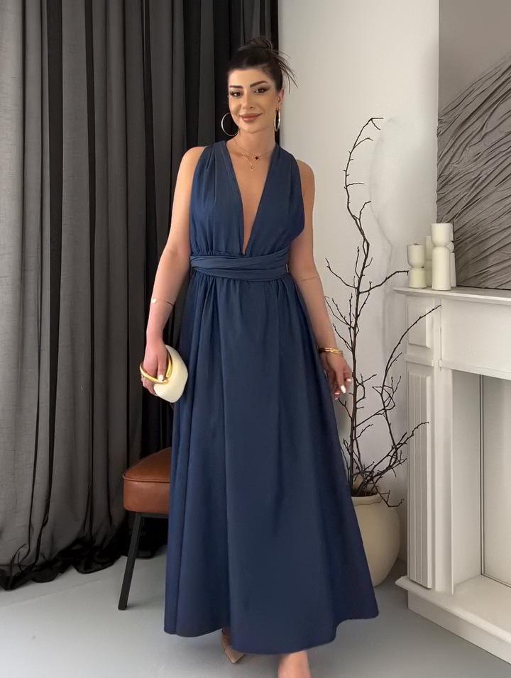 

Летнее европейско-американское платье с халтером, без рукавов, с завязкой на талии, 2025 S темно-синий