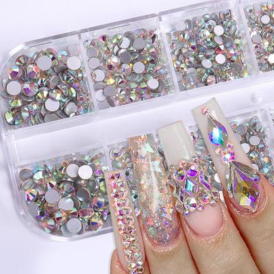 1 Set Round Nail Art Grids Assorted Size Rhinestone Kit 12 Decoration Fake Gems DIY Nail