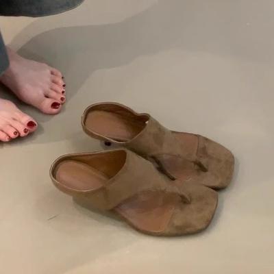 Sheepskin Version~ Outer Wear Retro High Heels Women's Head Open-toed Sandals Simple Temperament Thin Heel Flip-flops Shoes