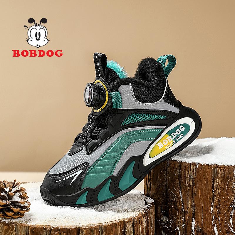 Babu Bean Classmate Boys Fleece Leather Surface Waterproof Sneakers Girls Running Shoes Middle Older Children Rotary Buckle Mesh Shoes