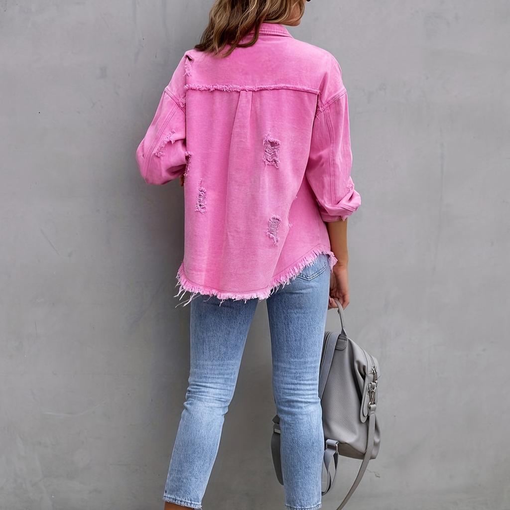 Lange zerrissene Jeansjacke Damen Herbst Winter Casual Langarm Revers Top Jeansjacken