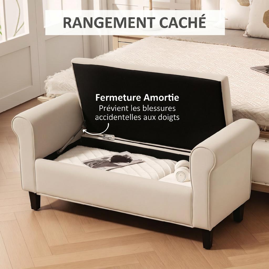 Bedside Storage Bench with Armrests, Upholstered Velvet-Effect Fabric, 126 x 48.5 x 57 cm, Beige