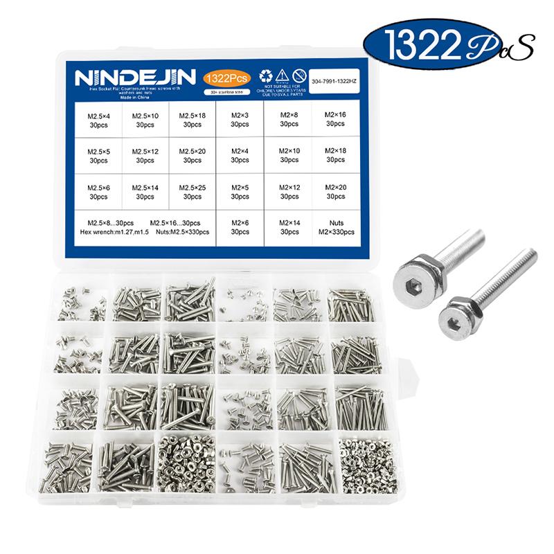 NINDEJIN 1322pcs/set Hexagon Socket Head Cap Screw and Nut Stainless Steel M2 M2.5 Hex Socket Countersunk Button Head Screw Set