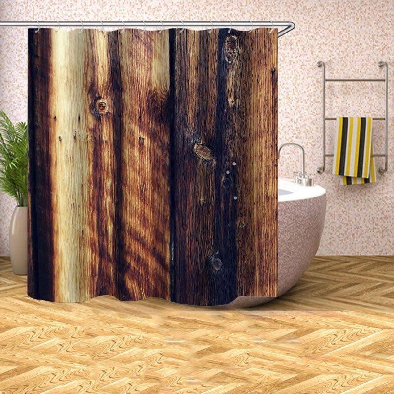 Cortina Rústica de Chuveiro Padrão Porta de Celeiro de Madeira Cortina de Banho Impermeável com Ganchos