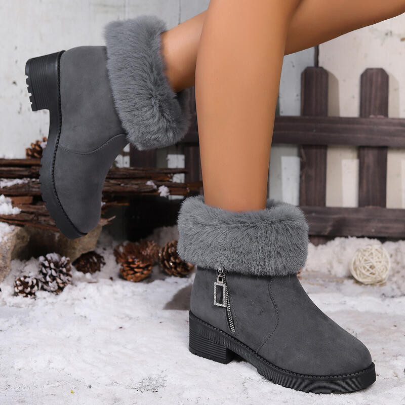 Fashion Elegant Furry Snow Boots Women 2025 Winter Non Slip Medium Heel Fluffy Fur Ankle Boots Retro Side Zip Cotton Mom's Shoes Autumn