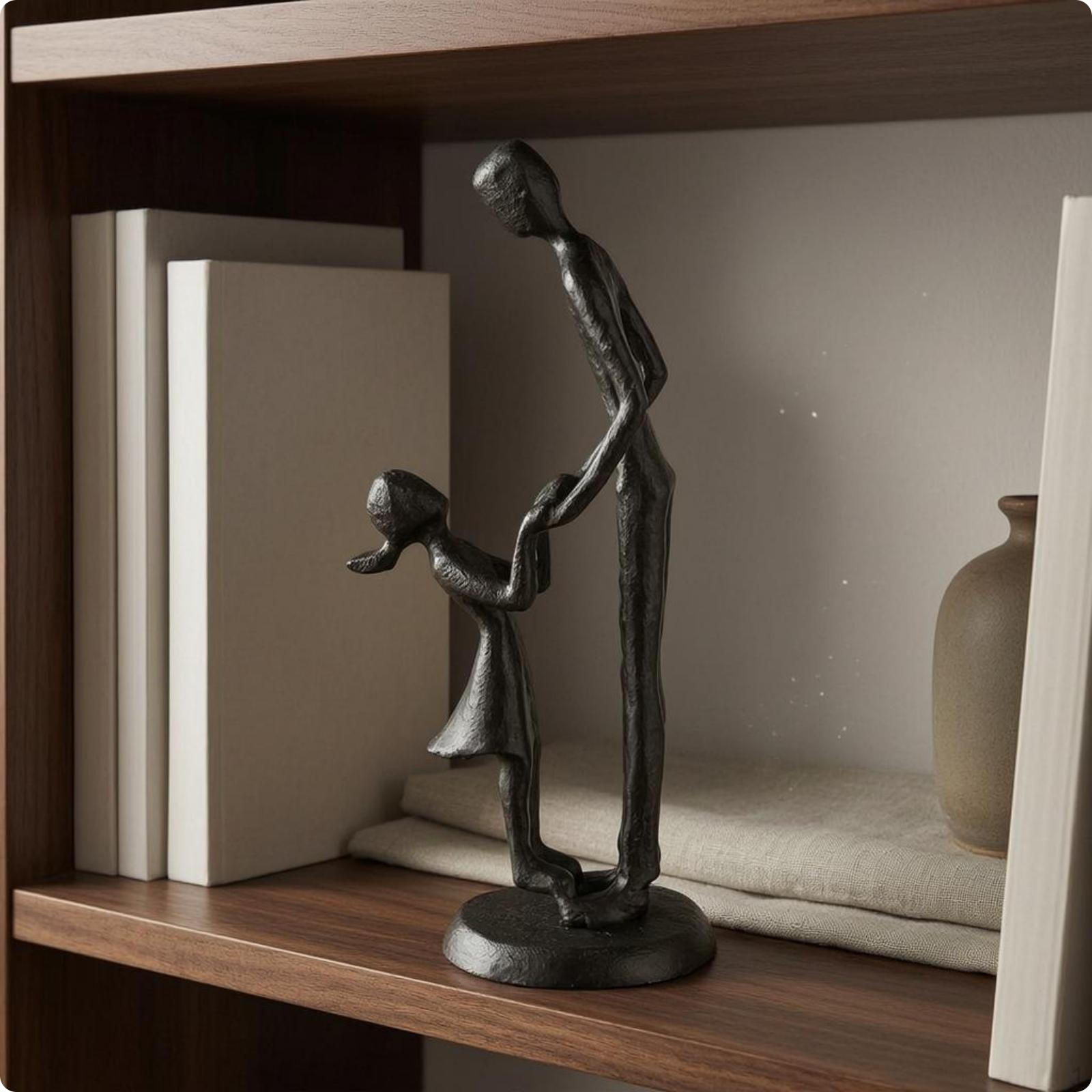 Abstract Family Sculpture Textured Surface Black Metal Figurine Elongated Cast Ornament