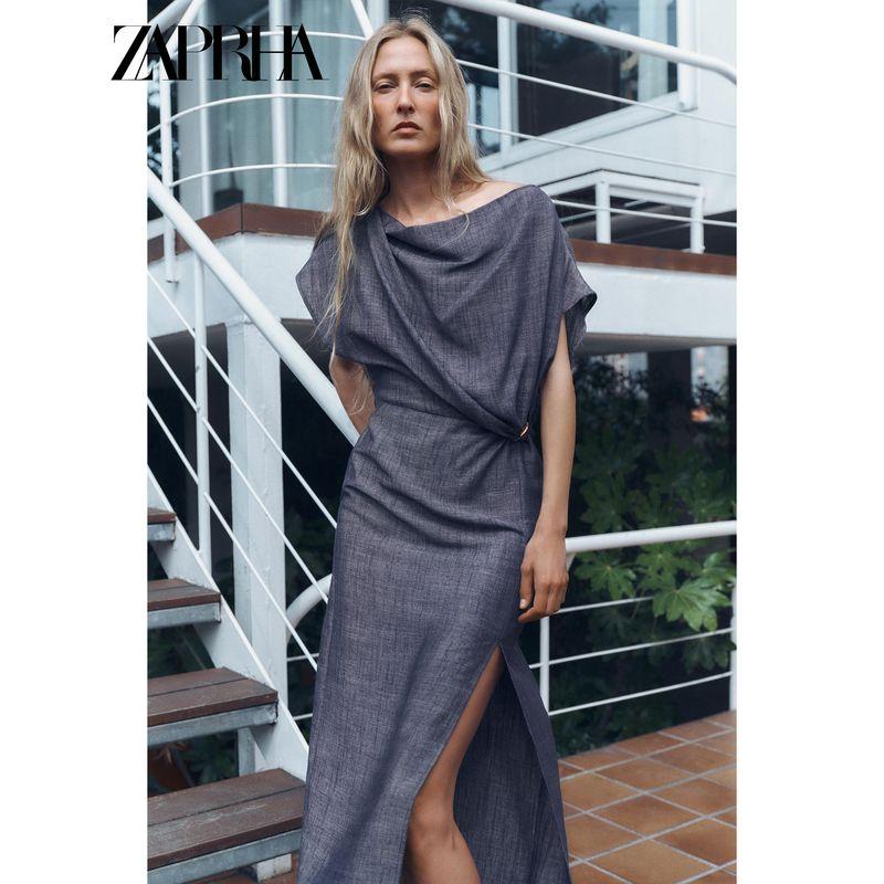 

Zaprha 2025 Summer New High-Grade Temperament Side Slit Gold Applique Midi Dress 3720787 Dark Blue L