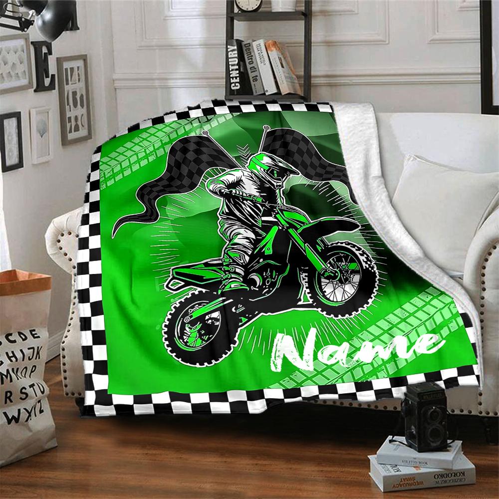 Coperta stampata a tema moto da fuoristrada con nome personalizzato - Perfetta per divano, letto, viaggi e uso all'aperto | Lavabile in lavatrice, accogliente e resistente.