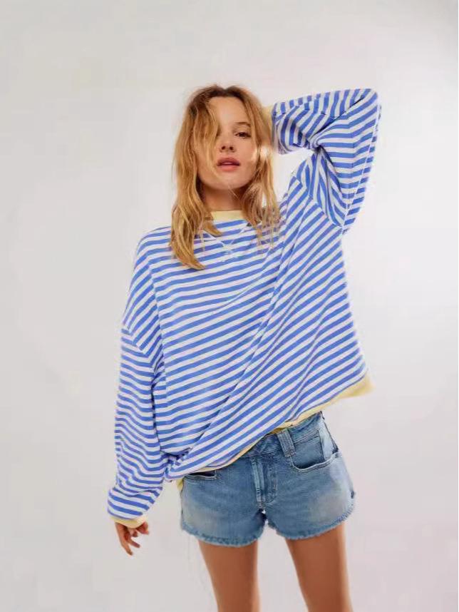 2025 Autumn/Winter Striped Color Block Loose Round Neck Long Sleeve Sweatshirt.