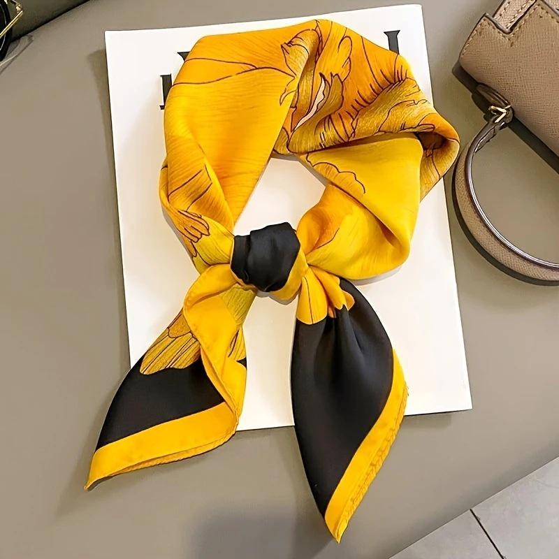Women's Korean Style Retro Printed Imitation Silk Scarf for Professional and Casual Use