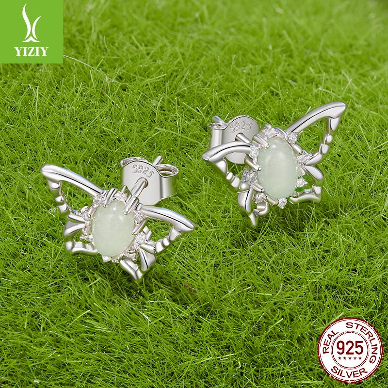 Frühlings-Schmetterlings-Ohrstecker Damen, eingelegter Jade-Modeschmuck S925 Silber personalisierte Ohrstecker