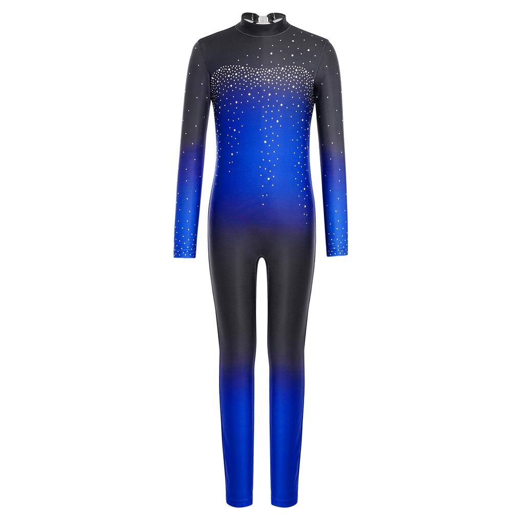 Kids Girls Asymmetrical Rhinestone Ballet Dance Leotard Sheer Mesh Gymnastics Jumpsuit Full Body Suit Figure Skating Dancewear