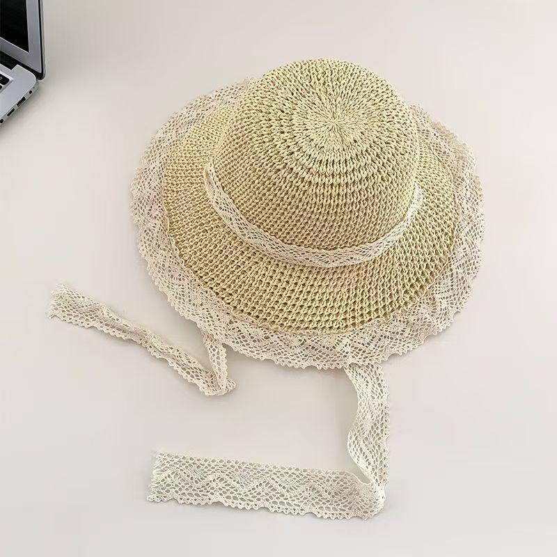 Organza Pearl Straw Hat, Female 2025 Summer New Large Brim Sunshade Sun Hat, Seaside Beach Sun Hat