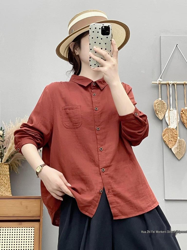 Mori-kei Double Layer Cotton Gauze Long Sleeve Shirt - Women's Loose Versatile Casual Top