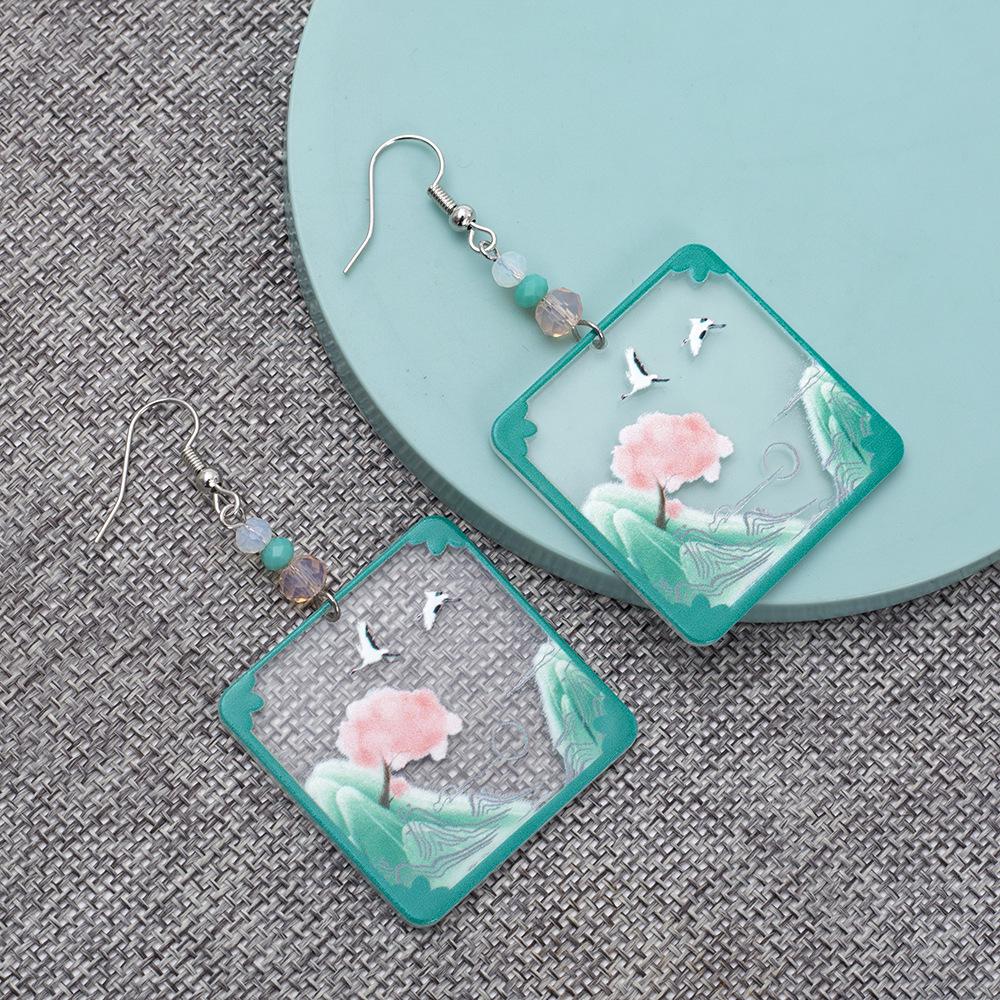 Geometric Mountain Crane Pattern Acrylic Earrings