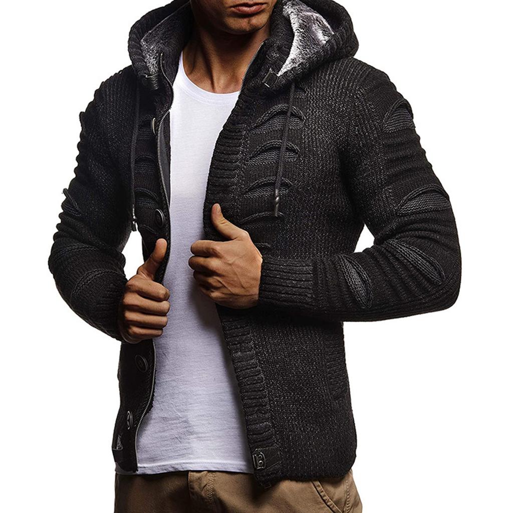 Men's Solid Color Button Sweater Men's Hooded Knitted Fleece-lined Cardigan Jacket