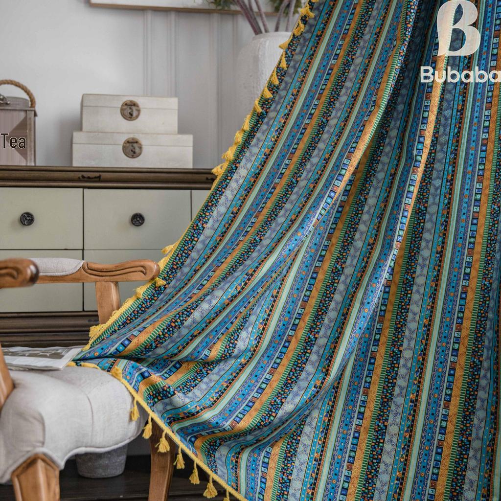 Rote Böhmische Gestreifte Baumwollleinen Vorhänge für Wohnzimmer - Retro-Stil