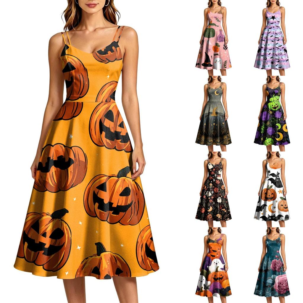 Women's Casual Round Neck Sleeveless Dress with Halloween Print for Party and Daily Wear
