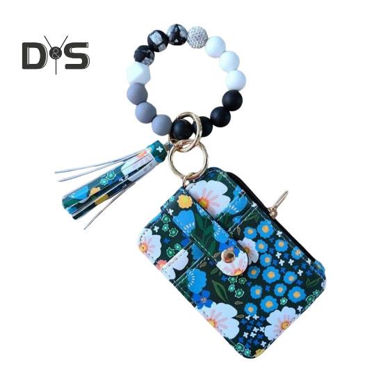 Damen-Geldbörse mit Blumenmuster, Boho-Stil, Münzbörse, Schlüsselanhänger mit Quaste, elastischer Armband-Geldbörse mit Perlen und Sichtfenster für Ausweise, zum Einkaufen, Reisen, Alltag