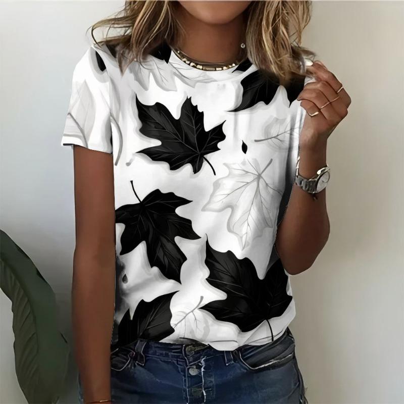 Maple Leaf T-Shirts Floral Abstract Face 3D Print Women Round Neck Short Sleeve T Shirt Tees Harajuku Y2K Tops Female Clothing S