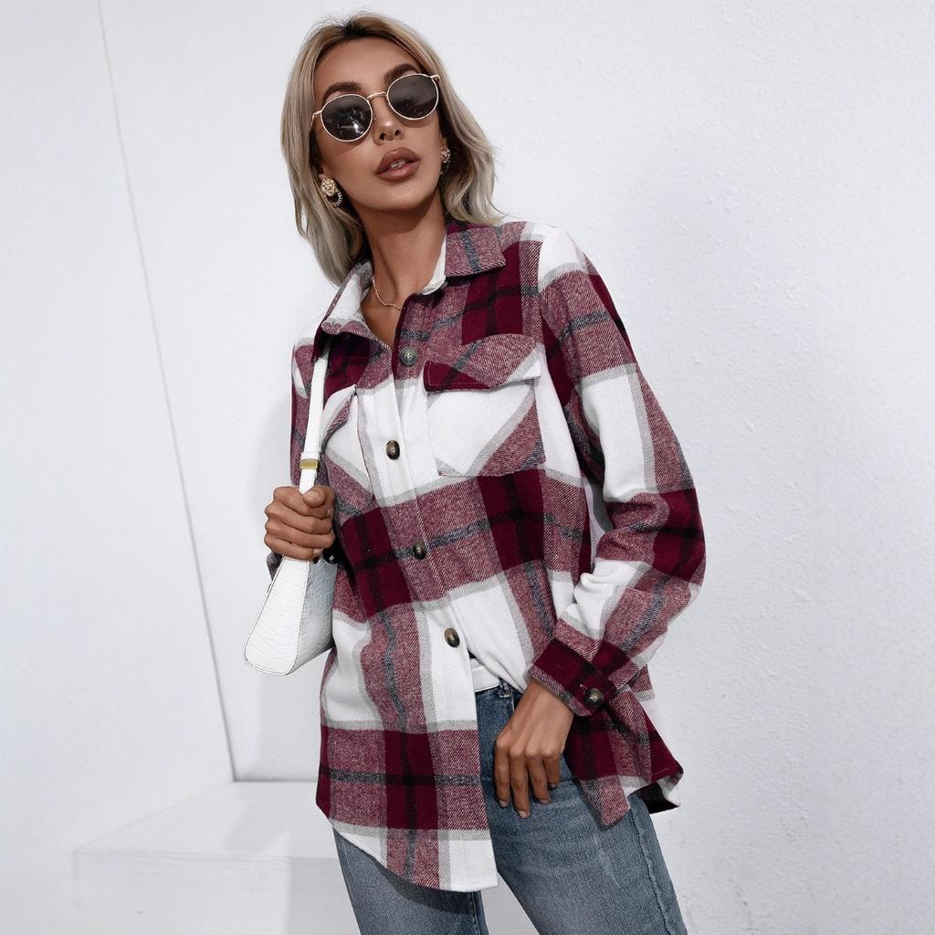 Fall Winter Women's Thickened Cashmere Plaid Shirt Jacket, Casual Loose Long Sleeve Fashion Outerwear