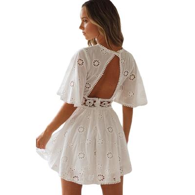 Borduren Zomer Witte Kanten Jurk Vintage Backless Sexy Jurk Vrouwen Hol Katoen Feestjurken voor Vrouwen Vestidos 18504