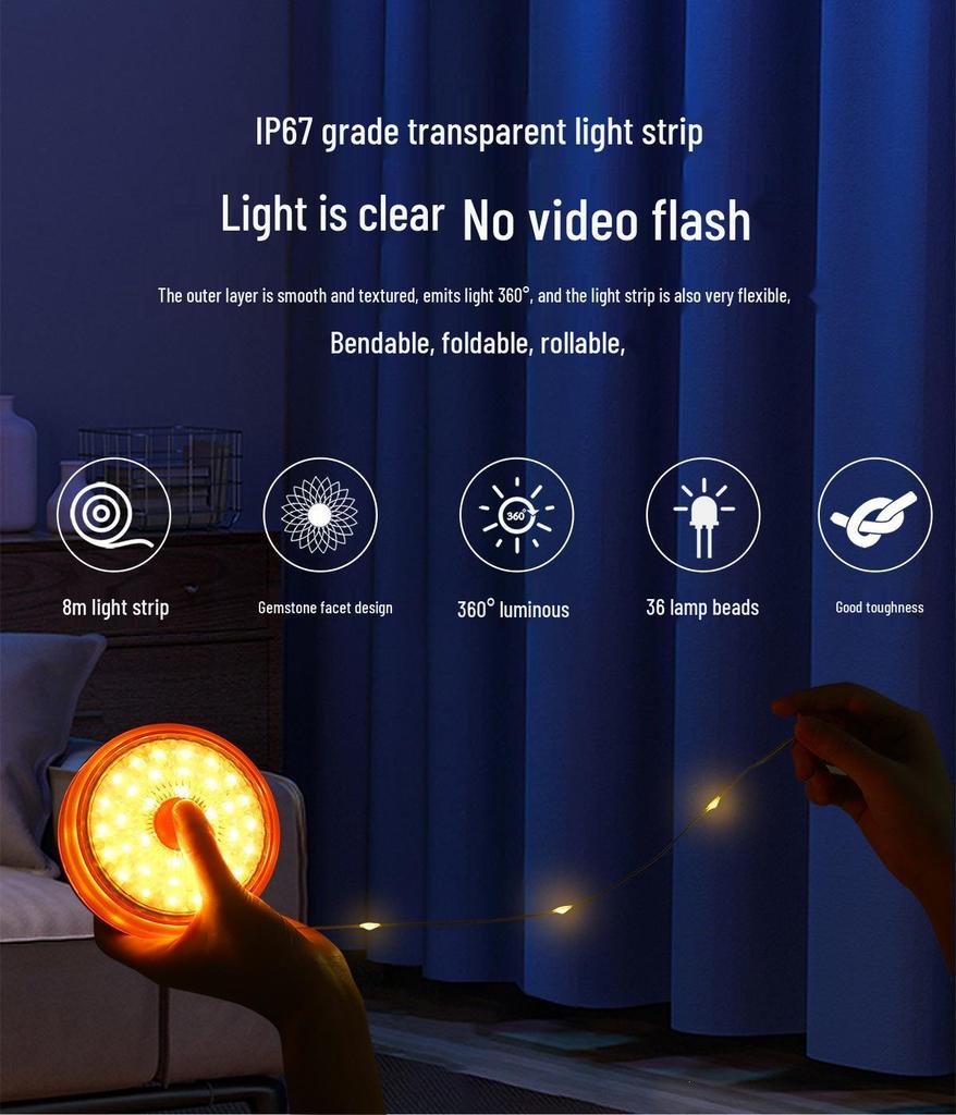 USB Rechargeable LED Camping String Lights with Tent Storage and Tape Measure