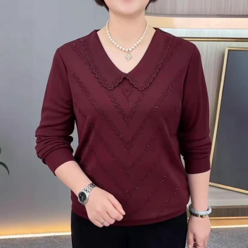 Autumn Chic Long-Sleeve Slimming Rhinestone Doll Collar T-Shirt