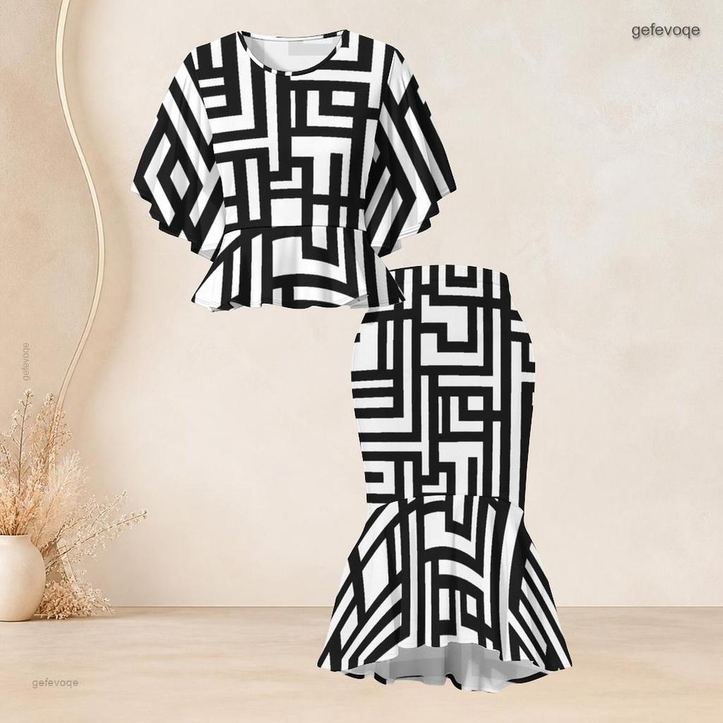 Women Plus Size Printed Round Neck Batwing Sleeve Ruffle Hem Top Fishtail Skirt Two Piece Set