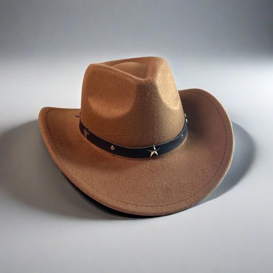 Western Cowboy Hat for Women Men Wide Brim Beach Cowgirls Hat Rolled-Up Felt Fedora Hat with Star Band