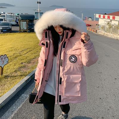 Cotton-padded Jacket Girls' Middle School Long New Korean Version of Loose Tooling Bread Coat Winter College Wind Hooded Coat.