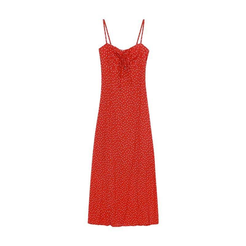 

Vintage floral dress red dress women s summer spice a word skirt suspender skirt vacation style seaside dress S