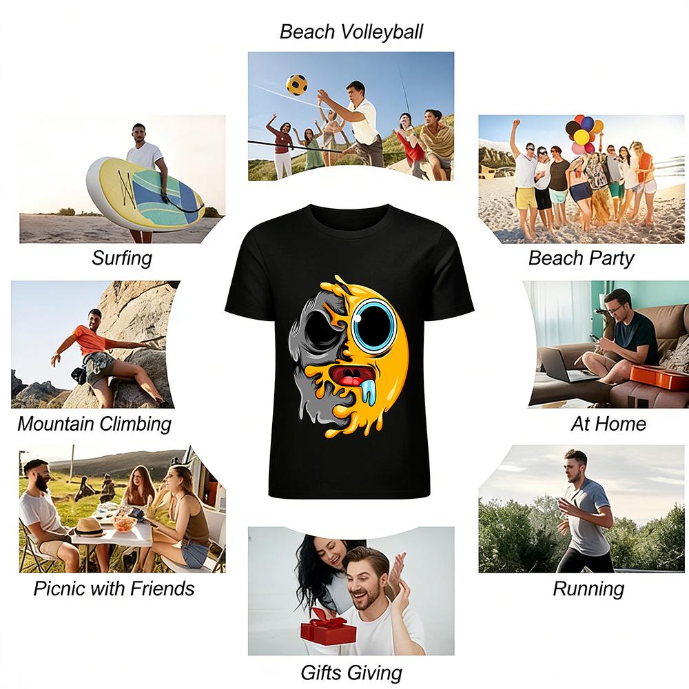 Melting Half Skull Emoji Print Trendy Cool Graphic Tee Pure cotton T-shirt