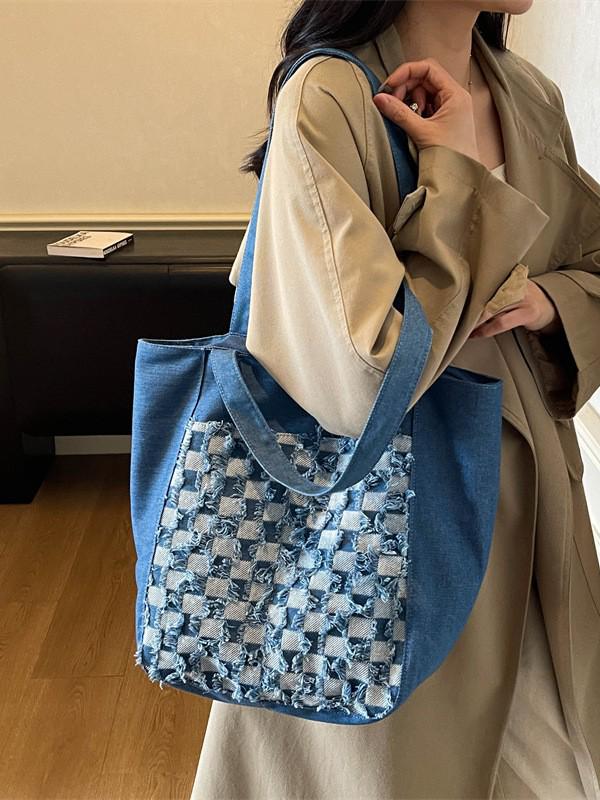 Winter 2025 Plaid Washed Denim Embroidered Handbag - Large Capacity Shoulder Bag