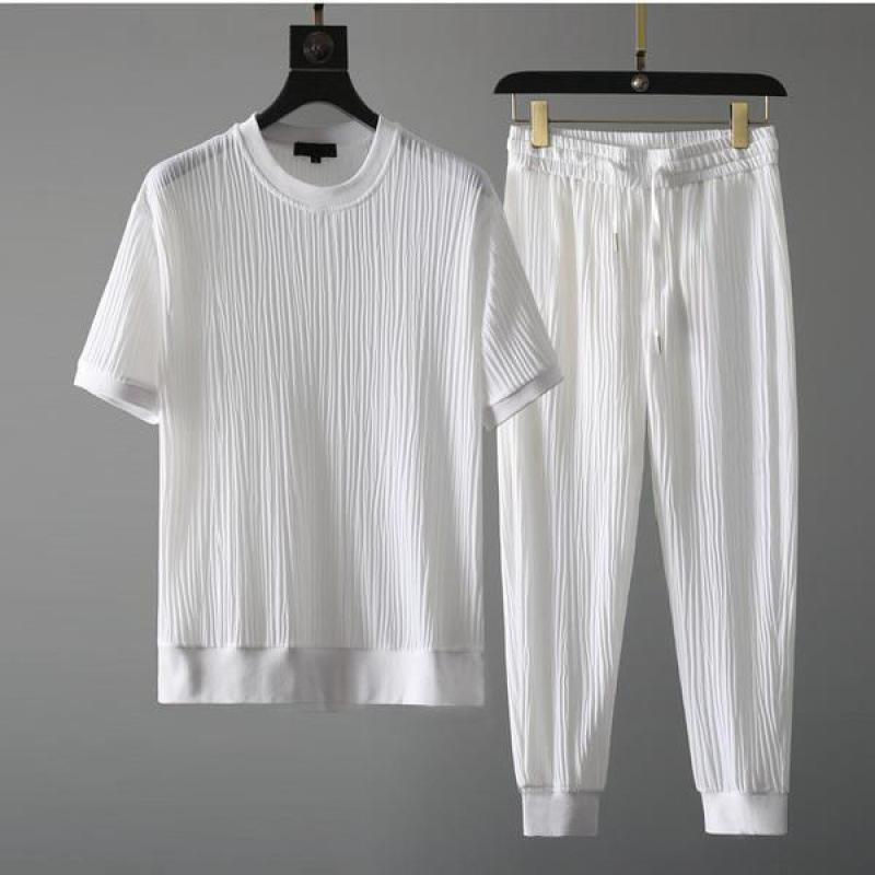 Men's Summer Stretch Casual Set Short-Sleeve T-Shirt + Cropped Pants Comfortable and Silky Sports Two-Piece Set
