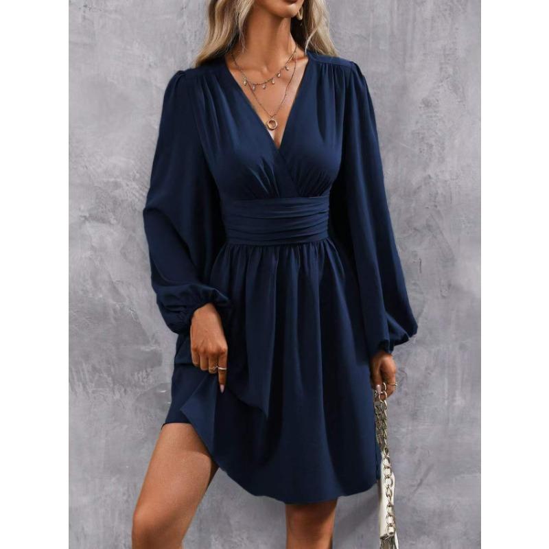Women S V Neck Lantern Sleeve Solid Color High Waist Dress
