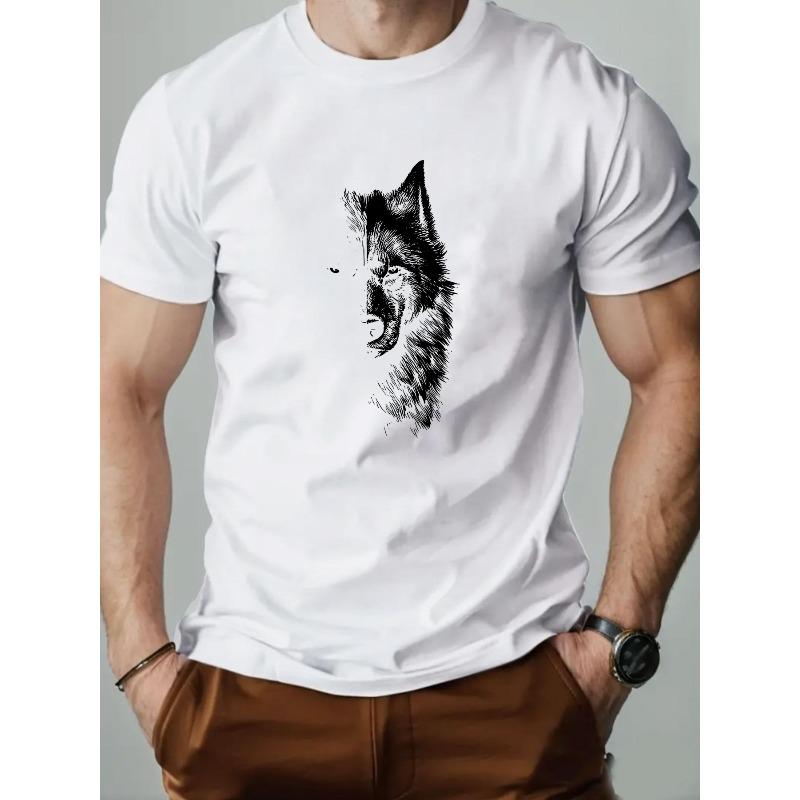 Men's Short Sleeve T-Shirt - Summer Casual Solid Color Round Neck Tee with Wolf, Short Cut Fit for Hot Weather, Versatile Casual Wear Suitable