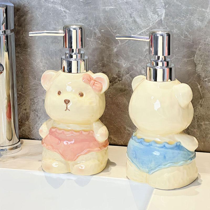 Soap Dispenser Creative Ceramic Bear Lotion Bottle for Household Bathroom Hand Sanitizer Dispensing Bottle with Press Button