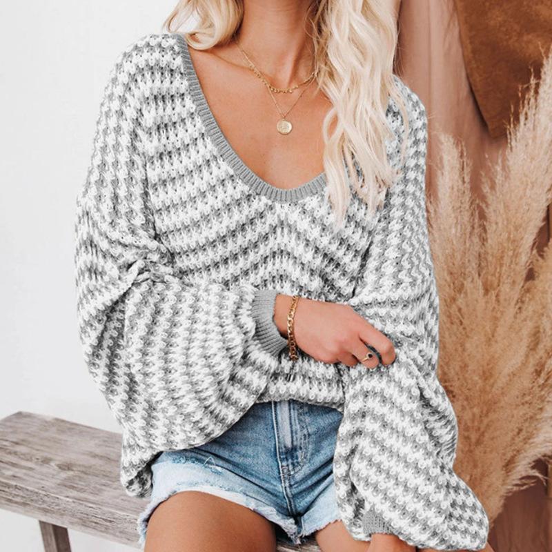 Autumn and winter new wave striped sexy bubble sleeve loose knit sweater pullover for women 3562 KTB