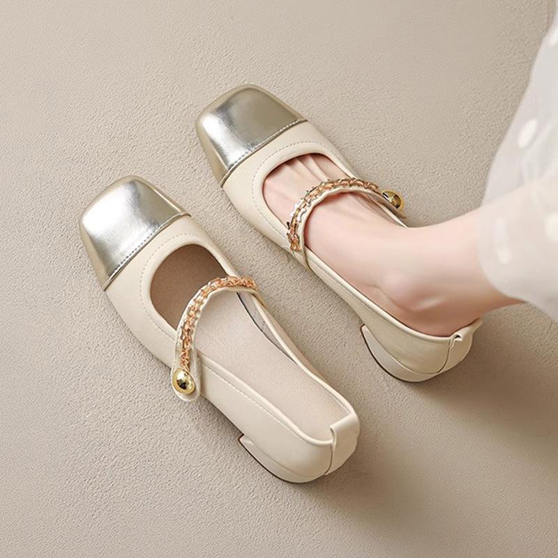 Fashion gold leather patchwork med- high heels shoes woman metal chains pumps ankle strap mary janes shoes tacones big size 43