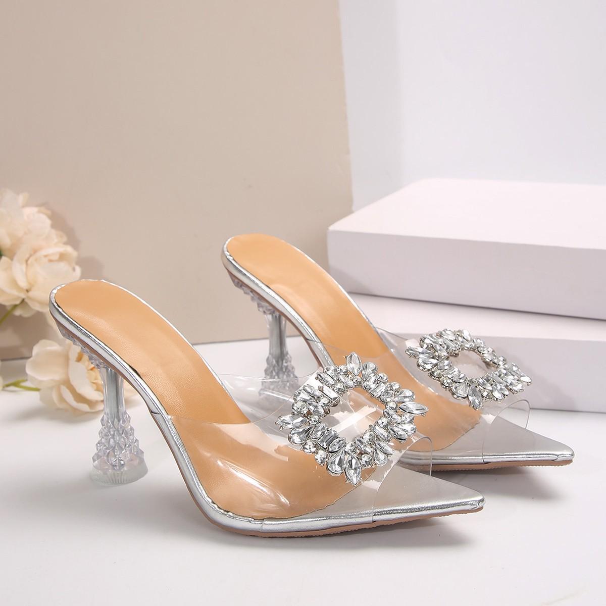 

Босоножки на высоком каблуке женские летние новые ПВХ стразы квадратная пряжка острый носок прозрачные 42 серебряный