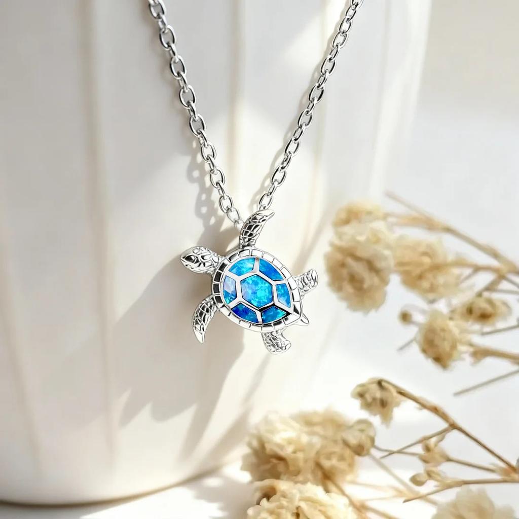 With Imitation Blue Opal Necklace, Bohemia Cute Sea Turtle Pendant Necklace for Women Mom, Wedding  Accessories Gifts
