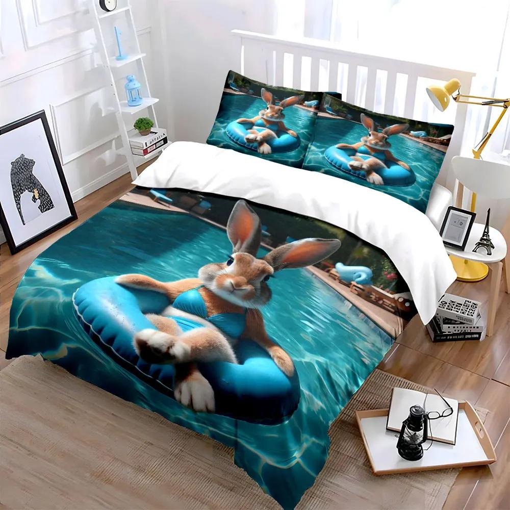 Swimming Pool Fun Rabbit Set Soft Comfortable Duvet Cover Bedding Set Included 1*Duvet Cover & 2*Pillowcases Gift
