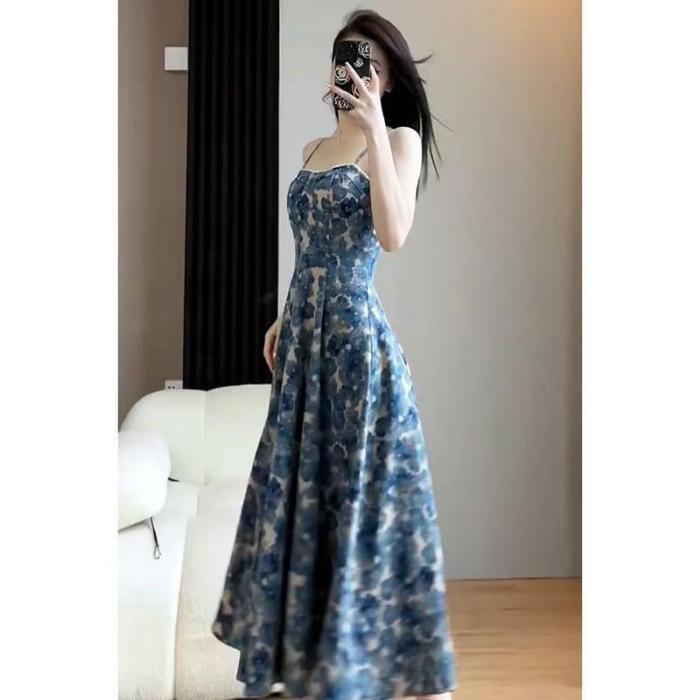 Small fresh printed French long dress women s summer new Korean version holiday style slim-fitting sexy temperament dress S
