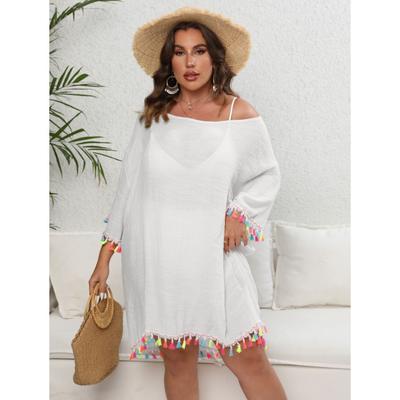 Abito Oversize da Donna Bianco Nero Albicocca Patchwork con Frange Scollo a Taglio Schiena Scoperta con Laccetti Copricostumi da Spiaggia Vestiti