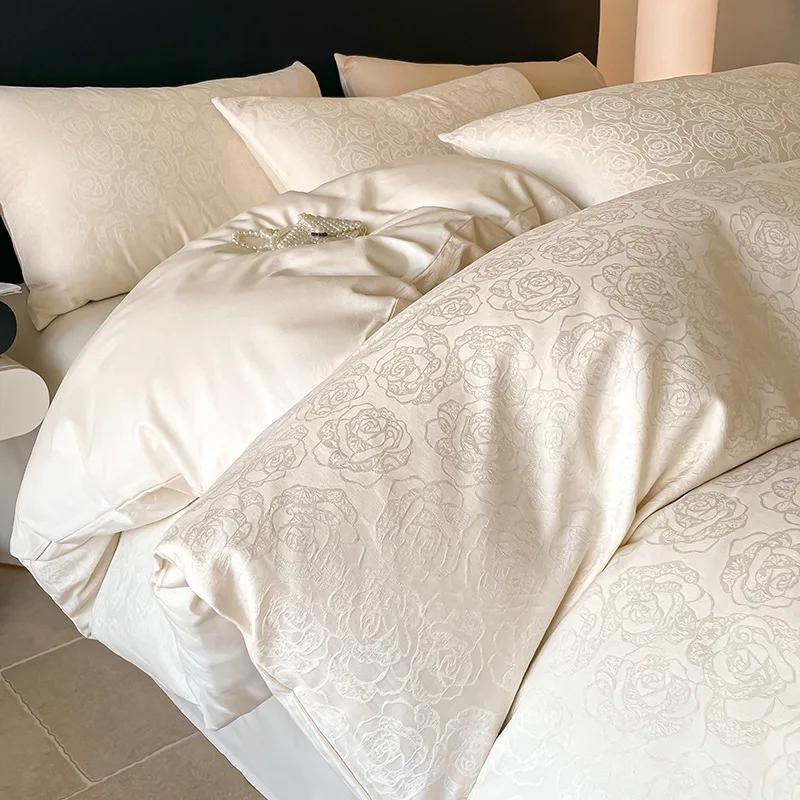 Light Luxury Satin Jacquard Solid Fitted Sheet Sets Pure Cotton Skin-Friendly Soft Quilt Cover 1.5/1.8M Bed Bedding for Adults