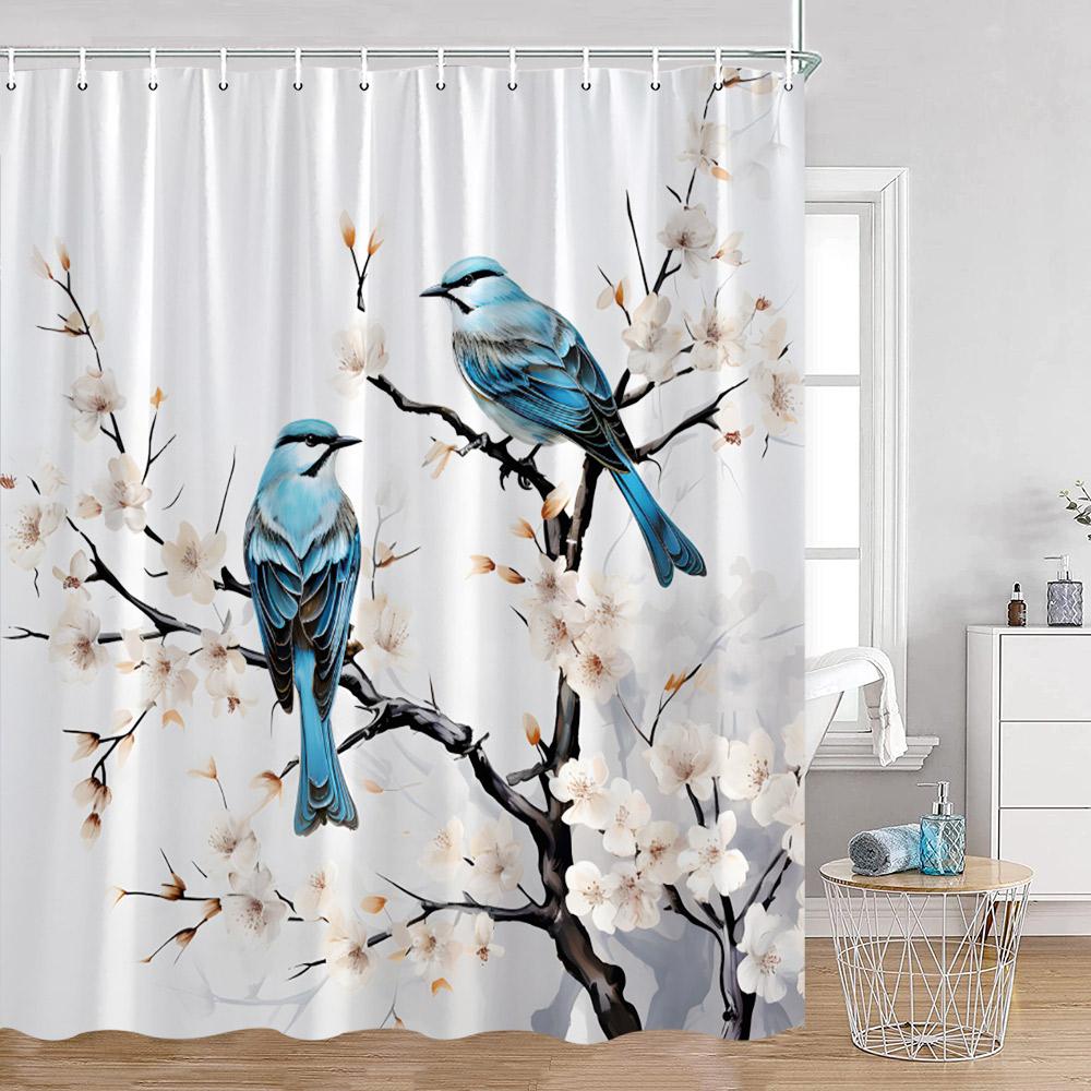 Cute Bird Plant Shower Curtain Hummingbird Pink Flower Green Leaves Nature Floral Bathroom Decor Polyester Bath Curtain